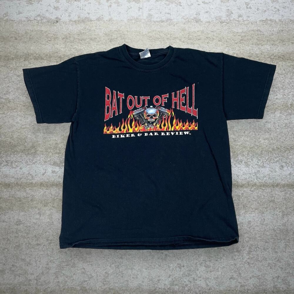 Vintage Y2K Biker Shirt Mens M Jet Black Cotton Bat out of Hell Short Sleeve